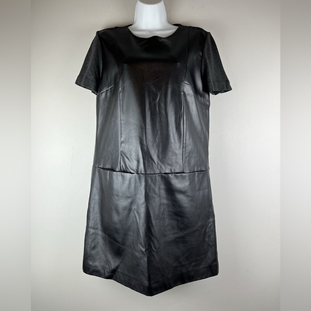 ZARA | Black Gray Knit Faux Leather Short Sleeve Mini Shift Dress